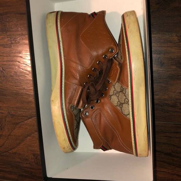 Gucci Leather Monogram Hightop Sneakers Brown SZ9.5 - Picture 11 of 12